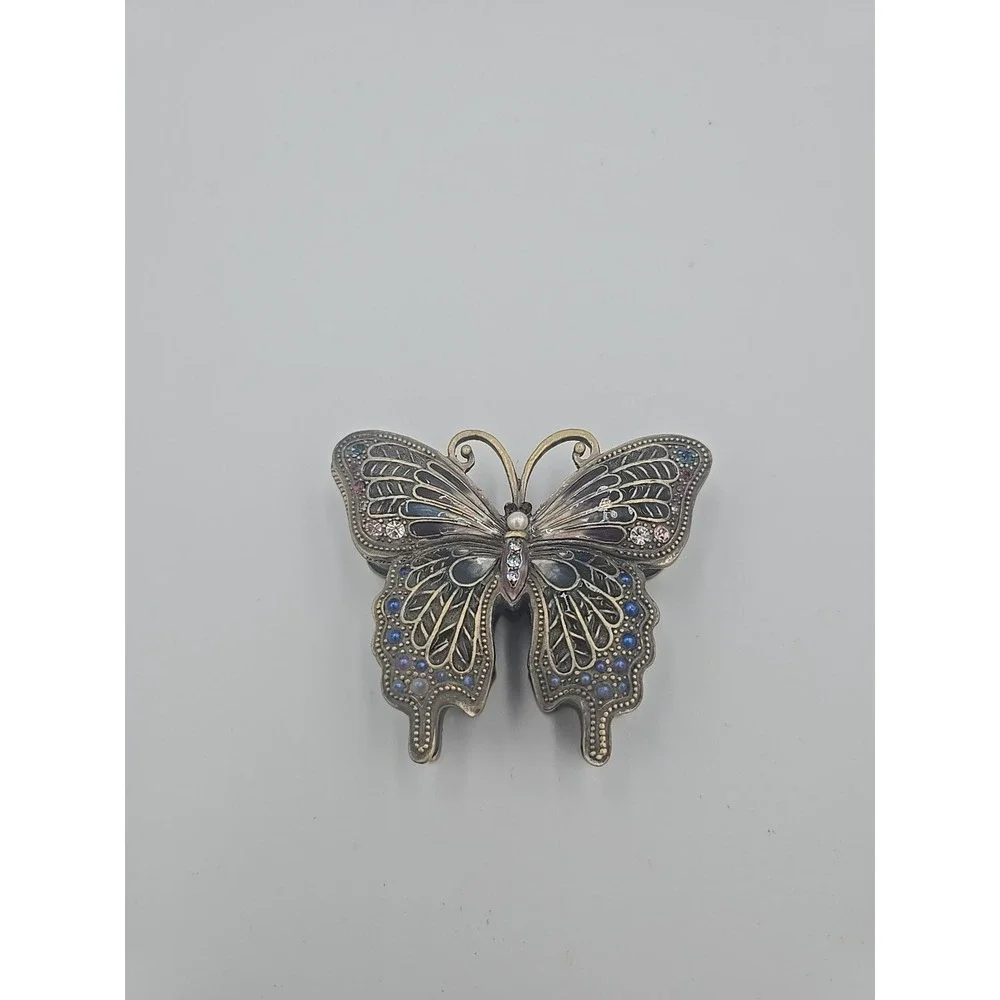 Vintage Green‎ Enamel Metal Rhinestone Butterfly Trinket Box Antique